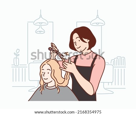 Hairdresser making stylish haircut with professional scissors in salon.Hand drawn style vector design illustrations. Royalty-Free Stock Photo #2168354975