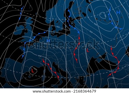 Forecast weather isobar night map of Europe, wind fronts and temperature vector diagram. Meteorology climate and weather forecast isobar of Europe, cold and warm cyclone or atmospheric pressure chart Royalty-Free Stock Photo #2168364679