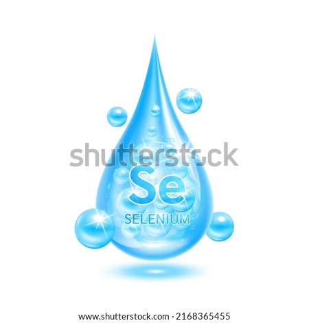 Minerals selenium water drop blue and vitamins complex. Scientific medical and dietary supplement health care concept. Isolated on white background. Realistic 3D vector EPS10 Royalty-Free Stock Photo #2168365455