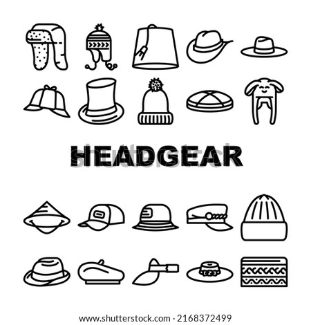 Headgear Stylish Head Clothes Icons Set Vector. Children Winter Warm Hat And Panama Summer Seasonal Clothing, Baseball Cap And French Beret, Cylinder And Dawley Limao Headgear Color Illustrations