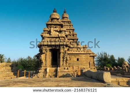 Shore temple is one of important structure in Mamallapuram.  It was constructed by Pallava dynasty during 7th century Royalty-Free Stock Photo #2168376121