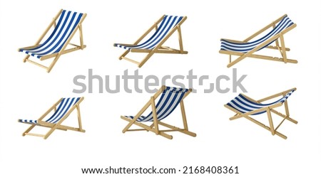 multi angle beach chair or beach loungers with blue and white color cloth isolated on white background. Royalty-Free Stock Photo #2168408361