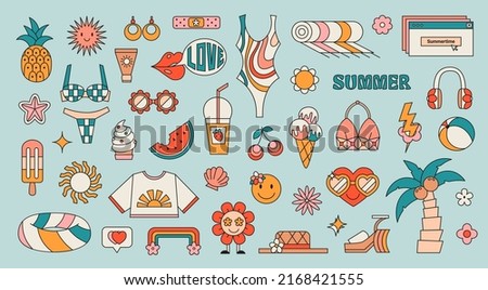 Set of retro hippie stickers with 60s, 70s style elements. Collection of cute nostalgic vintage icons in groovy style. Daisy flowers with smile face, ice cream, sunglasses vector illustration.
