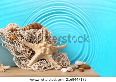 Starfish, sea shells and pebbles on table near wall with print of clear blue water