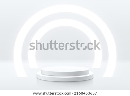 Realistic white, silver 3D cylinder pedestal podium with circle tunnel neon lighting background. Abstract minimal scene for mockup products display, Futuristic stage showcase. Vector geometric forms. Royalty-Free Stock Photo #2168453657