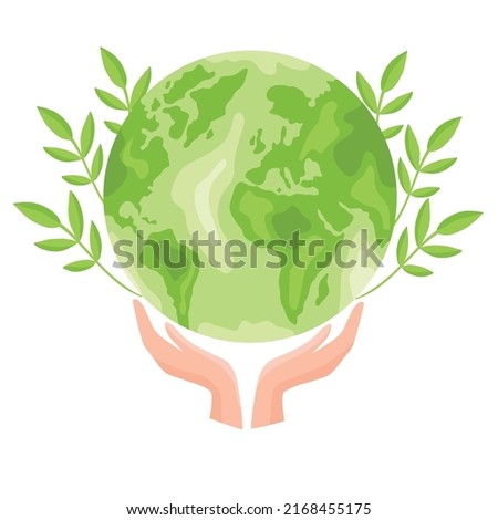 Hands holding green Earth globe with plant and leaves. Vector Illustration Royalty-Free Stock Photo #2168455175