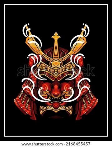 Nobunaga Warrior, Samurai Warrior Helmet T-Shirt Illustration Design Japanese Style. Samurai Deer Japanese Illustration Vector Isolated. Suitable for T-Shirt Design, Poster, Logo, and Wallpaper.