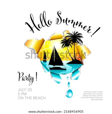 Hello Summer! Summer party banner flyer header poster template with yacht sea hot summer and palm trees on white background with place for your invitation text
