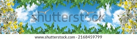 green tree leaves, flowers, flying birds and panoramic sky.
