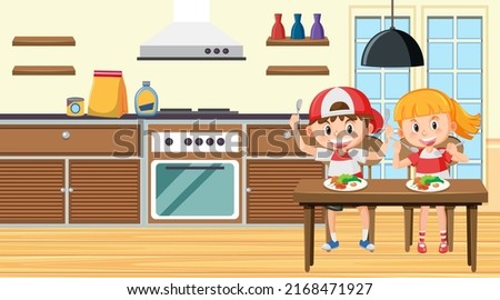 Children having meal in kitchen illustration