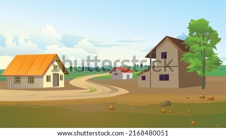 Indian village old style living area with houses. blue sky with green land. Indian farmers house. Royalty-Free Stock Photo #2168480051