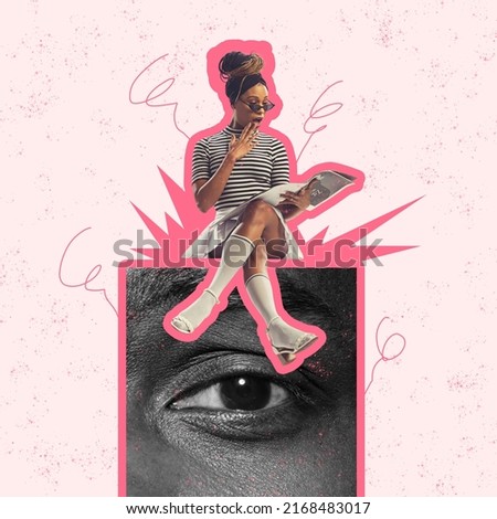 Contemporary art collage. Conceptual image. Young woman reading newspaper under eye control. Propaganda and fake news. Concept of mass media influence, disinformation, fakes. Surreal artwork