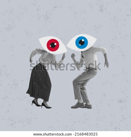 Contemporary art collage. Conceptual image. Two people, man and woman with giant eyes heads dancing. Blindly following. Concept of psychological control, emotions, disinformation. Surreal artwork