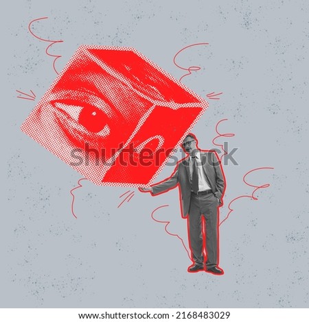 Contemporary art collage. Conceptual image with man in a suit holding giant cube with big eyes looking, controlling actions. Concept of pressure, control, disinformation. Surreal artwork