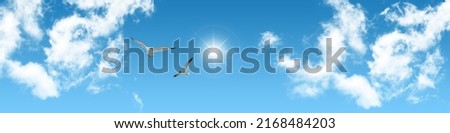 Panoramic, horizontal long skyview. sunbeams shining through the clouds. You can use it for banner, background, wallpaper and stretch ceiling decoration.