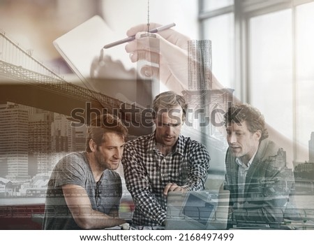 Keeping up with the pace of modern design. Multiple exposure shot of colleagues working together on a laptop superimposed over a designer using a digital tablet and an urban background.