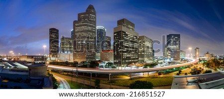 Downtown Houston sunrise. A panorama taken on a humid morning in Houston