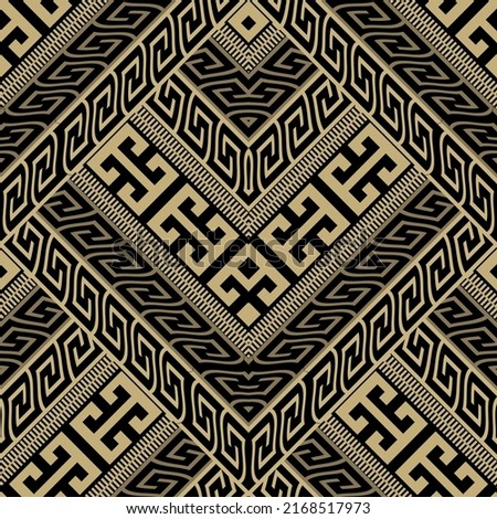 3d gold Greek seamless pattern. Ornamental vector background. Repeat modern tiled rhombus ornament. Tribal ethnic style zigzag design. Abstract ornate backdrop. Greek key, meanders, zipper, stripes. Royalty-Free Stock Photo #2168517973