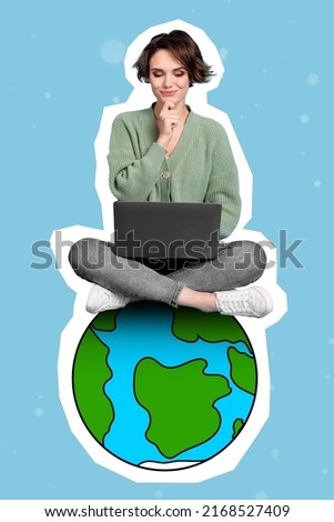 Creative collage poster of lady sit over huge earth globe chatting worldwide using netbook future invention concept