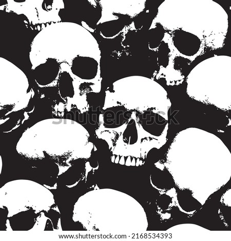 Seamless pattern with human skulls. Vector background with sinister smiling skulls in retro style. Graphic print for clothes, fabric, wallpaper, wrapping paper