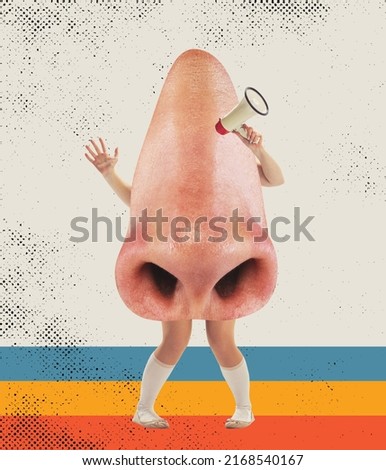 Shouting at megaphone. Contemporary art collage, design. Inspiration, ideas. Huge human nose with legs and hands on light background. Surrealism, cubism, art and creativity concept Royalty-Free Stock Photo #2168540167