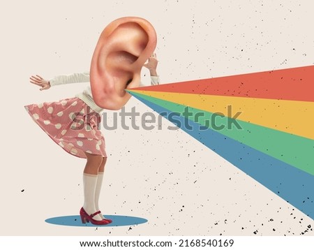 Rumors, gossip, fakes and secrets. Woman's body in retro style outfit headed with huge ear. Contemporary art collage, design. Inspiration, ideas. Surrealism, cubism, art and creativity concept Royalty-Free Stock Photo #2168540169