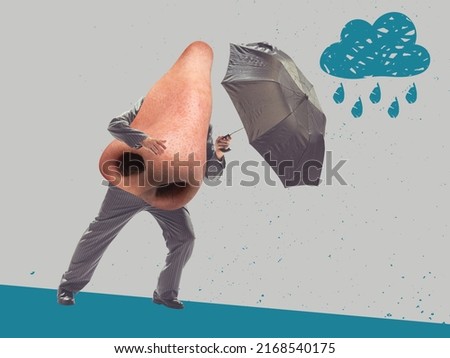 During the storm. Contemporary art collage, design. Inspiration, ideas. Huge human nose with legs and hands on light background. Surrealism, cubism, art and creativity concept Royalty-Free Stock Photo #2168540175