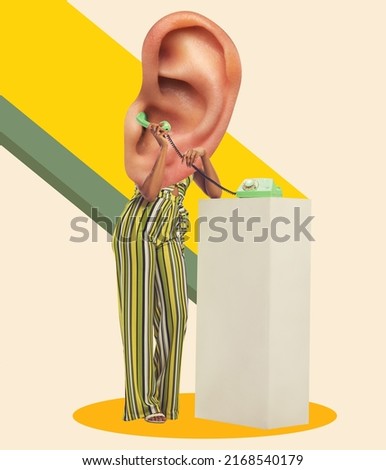 Rumors, gossip, fakes and secrets. Woman's body in retro style outfit headed with huge ear. Contemporary art collage, design. Inspiration, ideas. Surrealism, cubism, art and creativity concept Royalty-Free Stock Photo #2168540179