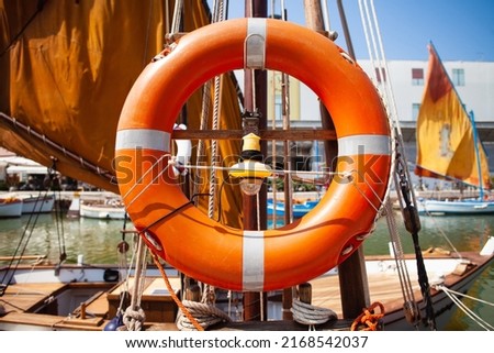 Orange lifebuoy ring onboard the ship, a close up, Italy, Cesenatio