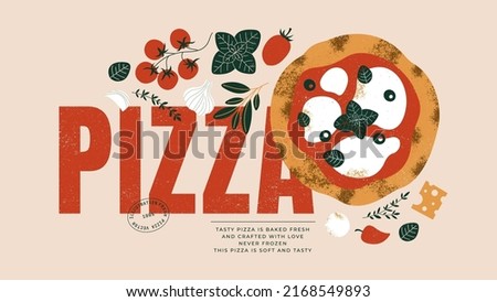 Italian pizza horizontal design template. Pizza Margherita with tomatoes and mozzarella. Vector illustration