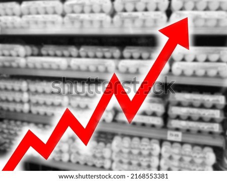 Abstract blurred image of big red arrow growing on egg background. Bar charts and charts. Food prices rose. Inflation concept. retail. Finance. stock market. shop.