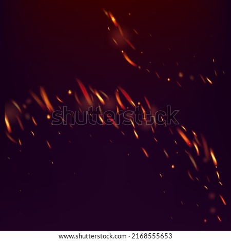 Blazing Flame Fiery Sparkles Background. Realistic Fire Effect on Black. Bright Night, Glitter Stars. Realistic Energy Glow. Isolated Fire, Yellow Orange Red Sparks, Smoke. Hot Burning Flake Flashes.
