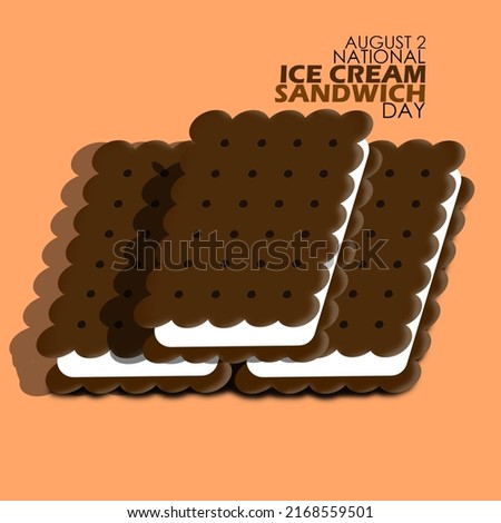 Three ice cream sandwiches with vanilla flavor filling with bold text on light brown background, National Ice Cream Sandwich Day August 2