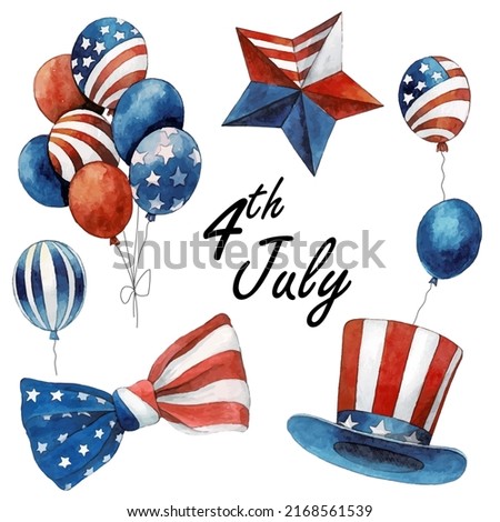 USA celebration vector national symbols set for independence day isolated on white background. Watercolor 4th July clip art. Top hat, balloons, bow, star, american flag