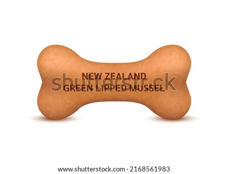 Bone shaped dry food for cats and dogs with New Zealand Green Lipped Mussel dietary supplement bones canine arthritis osteoarthritis. Can use advertising pet food. On a white background vector 3D.