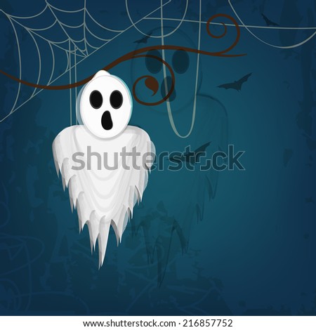 Halloween night party poster, banner or flyer design with hypothetical traditional ghost hanging by spider web on dark blue background. 