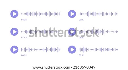 Sound wave message. Social audio of voice. Record music player. Podcast soundwave line. Volume equalizer icon with stereo noise and button. Shape of mobile talk track. Vector illustration. Royalty-Free Stock Photo #2168590049