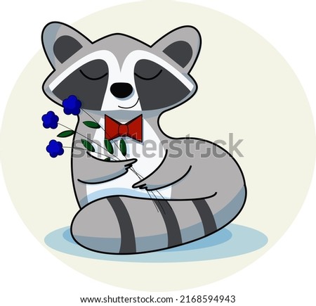 Cute little raccoon with flowers and red bowl