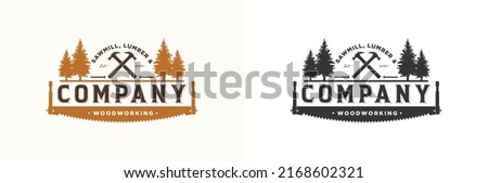 Evergreen pine logo vector design, premium quality carpentry logo woodworking, Woodwork sawmill logo emblem badge, hammer, saw blade, nail metal, trees forest vintage retro Royalty-Free Stock Photo #2168602321