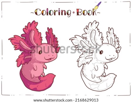 Axolotl, a Coloring Sheet. Cartoon outline picture of playful baby axolotl with colored example. A colouring book page. Contour illustration for children preschool education. Home activity for kid