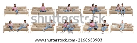 Collage with photos of people sitting on stylish sofas against white background. Banner design Royalty-Free Stock Photo #2168633903