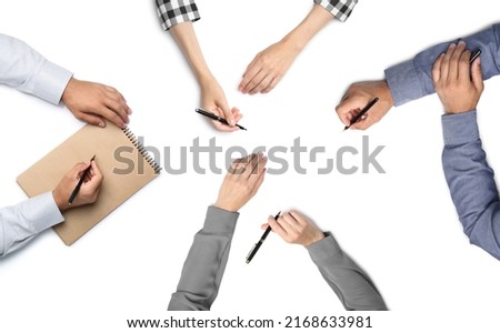Collage with photos of people holding pens and notepad on white background