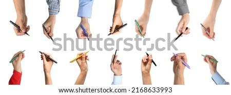Collage with photos of people holding pens on white background. Banner design Royalty-Free Stock Photo #2168633993