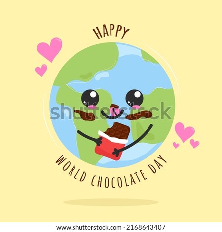 Happy world chocolate day.Cute cartoon of earth eating chocolate. Flat vector illustration