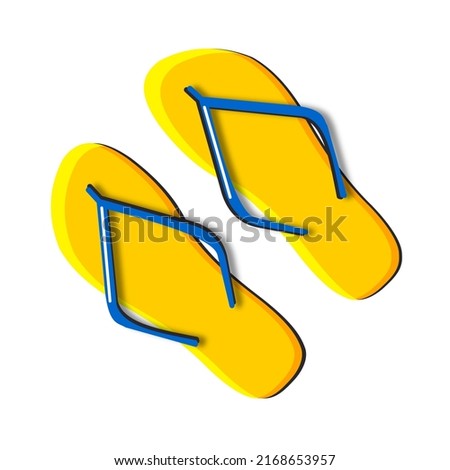 Yellow slippers with blue straps that give off a shadow. Flip flops isolated on white background. 