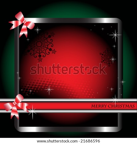 Abstract colorful Christmas frame with red bows, red banner and small shiny stars