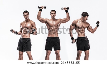 Collage. Man athlete with dumbbells isolated on white background. Gym full body workout. Muscular man athlete in fitness gym have havy workout. Sports trainer on trainging. Fitness motivation.