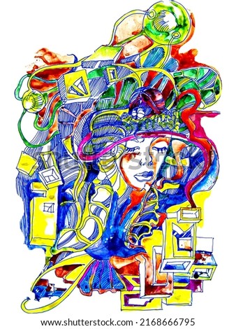 Abstract graphic drawing with a person's face and closed eyes. For book covers, psychology and esotericism. Decorative illustration on the wall.