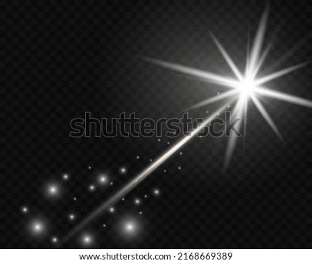 The tail of a flying comet, a bright flash of a star with glitter and dust, an explosion on a transparent background. Vector illustration.