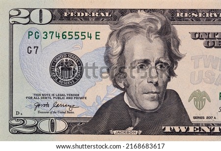 Closeup of front side of 20 dollar banknote for design purpose